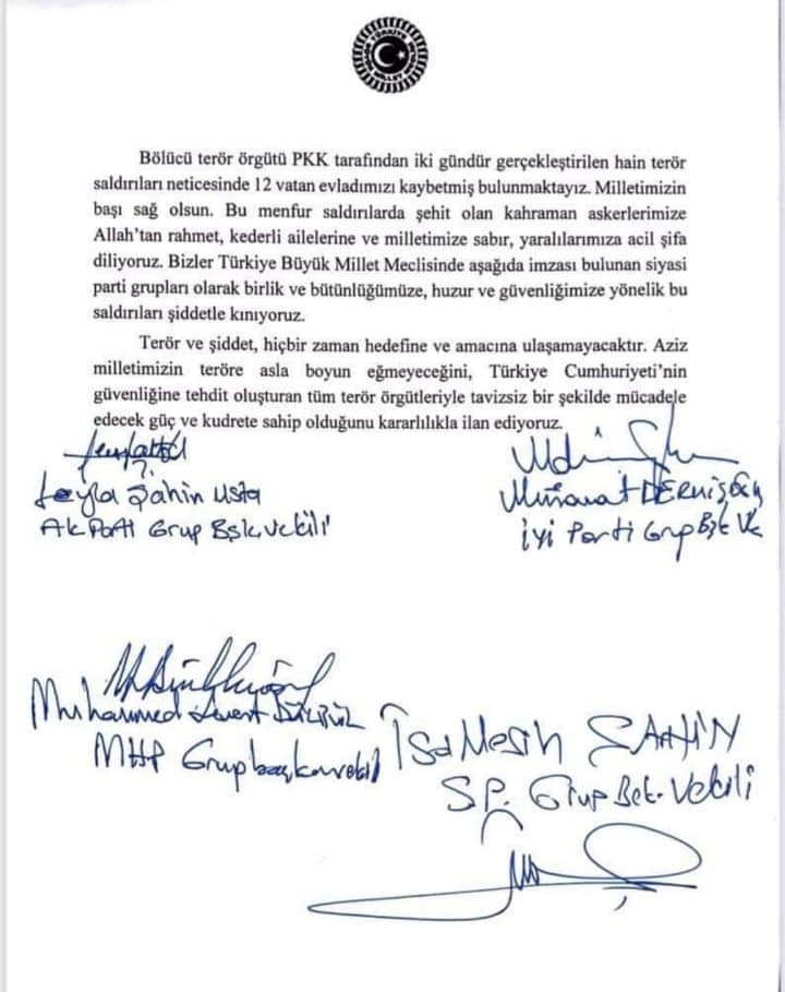 TBMM'de Şehitlerimize ve Teröre Karşı Birlik Mesajı