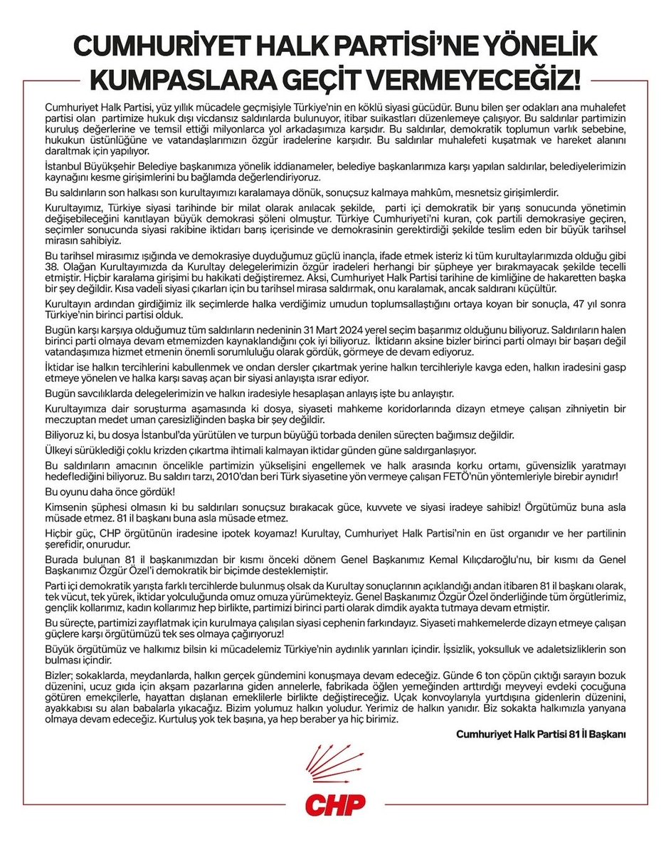 CHP İl Başkanlarından Ortak Açıklama: İrade İpotek Edilemez